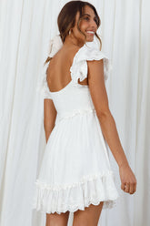 Bay Breeze Frill Shoulder Shirred Bodice Dress White